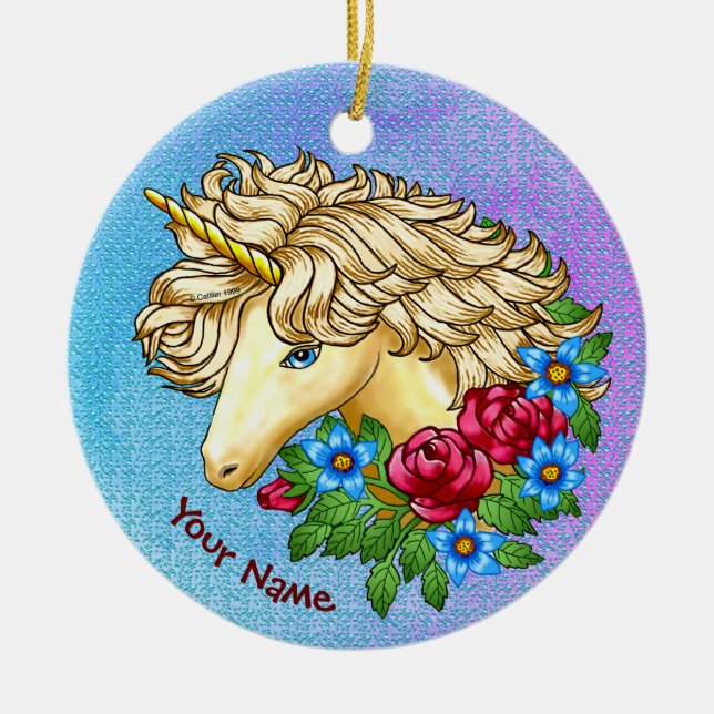 Unicorn Roses Ceramic Ornament (Front)