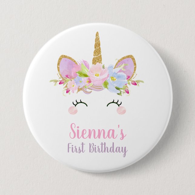 Unicorn Round Badge 1st Birthday Girl Button (Front)