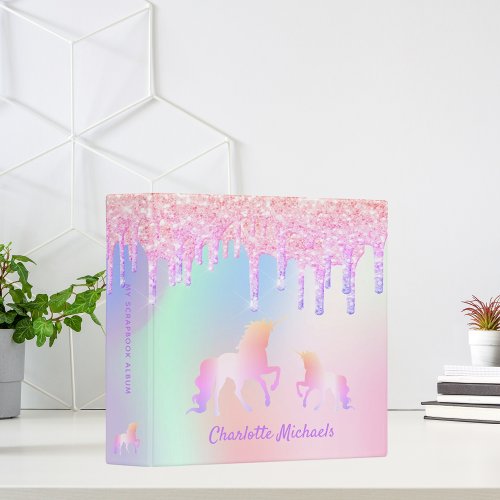 Unicorn rpink glitter drips holographic 3 ring binder