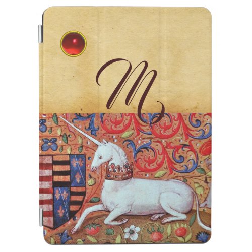 UNICORN RUBY MONOGRAM MEDIEVAL FLORAL PARCHMENT iPad AIR COVER