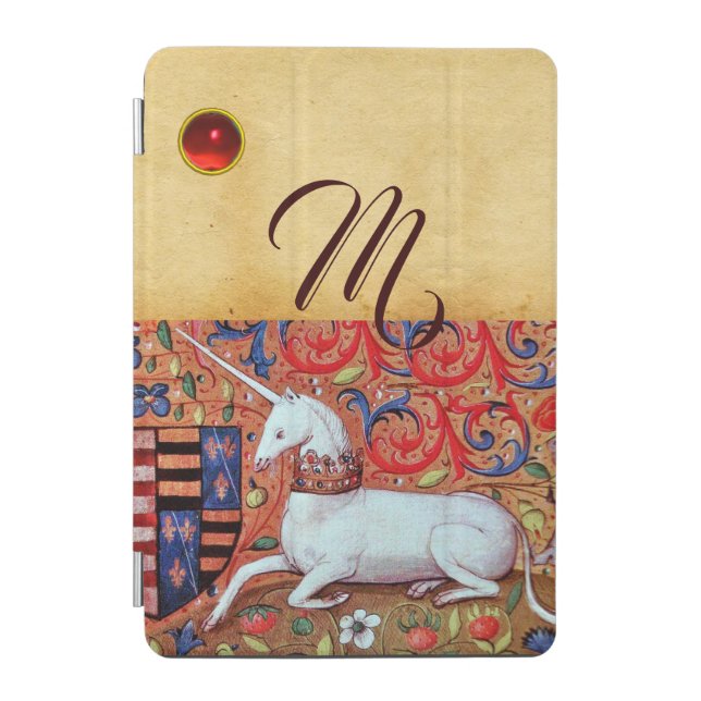 UNICORN RUBY MONOGRAM MEDIEVAL FLORAL PARCHMENT iPad MINI COVER (Front)
