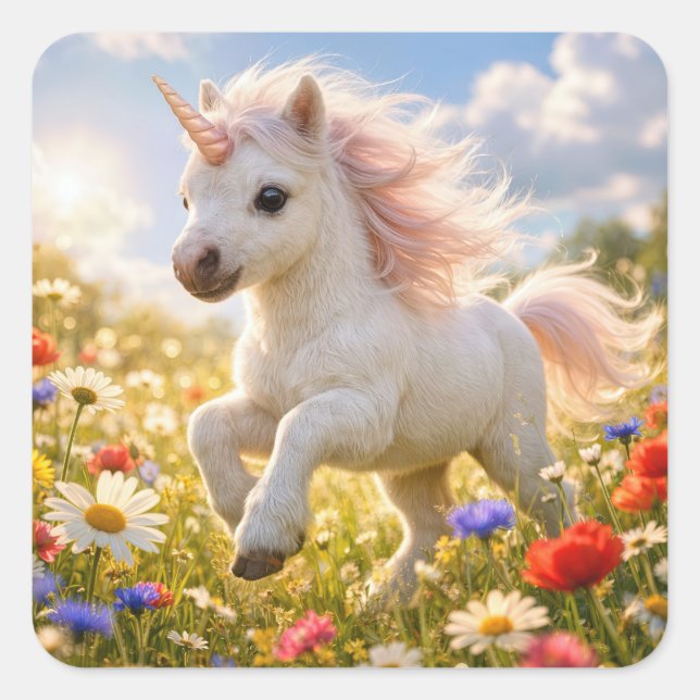 Unicorn Running In Wildflower Field Square Sticker (Front)