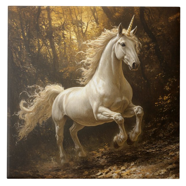 Unicorn Running Through The Forest Painting Ceramic Tile (Front)
