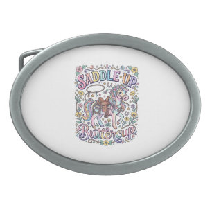 Unicorn Saddle Up Buttercup Colorful White Backgro Belt Buckle