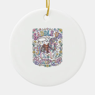Unicorn Saddle Up Buttercup Colorful White Backgro Ceramic Ornament