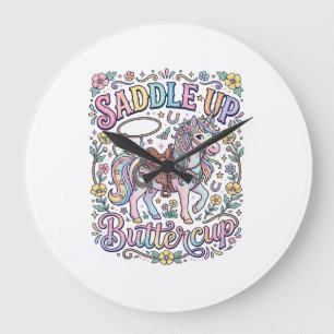 Unicorn Saddle Up Buttercup Colorful White Backgro Large Clock