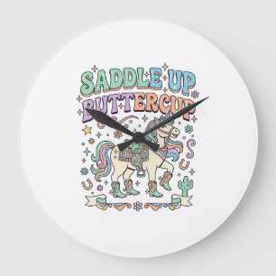Unicorn Saddle Up Buttercup Kawaii Typography Desi Large Clock
