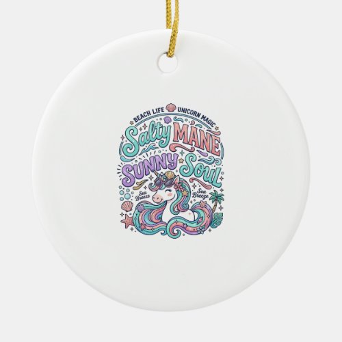Unicorn Salty Mane Sunny Soul Retro Style T-Shirt Ceramic Ornament