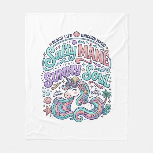 Unicorn Salty Mane Sunny Soul Retro Style T-Shirt Fleece Blanket