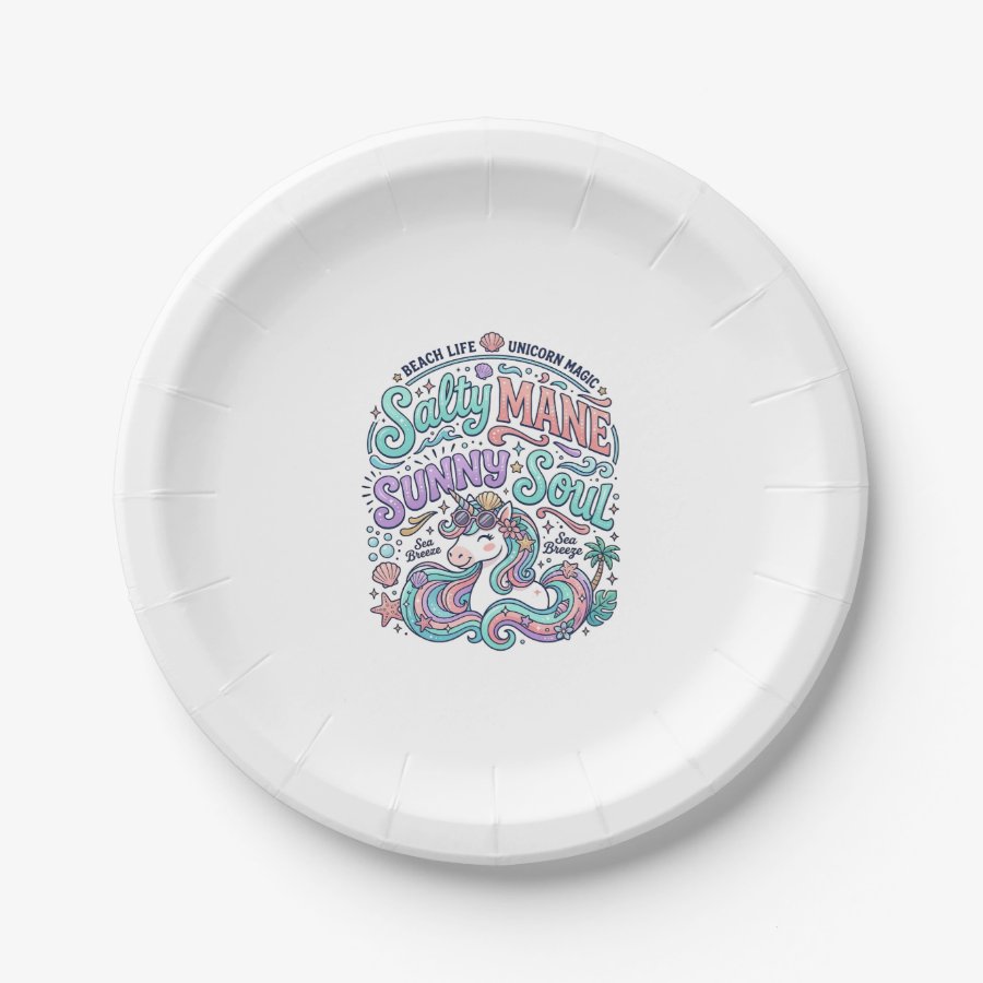 Unicorn Salty Mane Sunny Soul Retro Style T-Shirt  Paper Plates