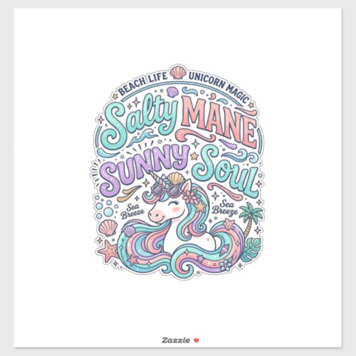 Unicorn Salty Mane Sunny Soul Retro Style T-Shirt Sticker