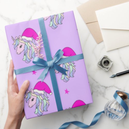 Unicorn Santa Christmas gift wrapping paper purple