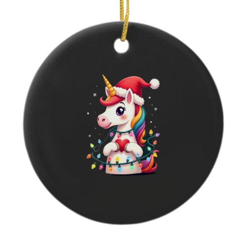 Unicorn Santa Hat Christmas T-Shirt (1) Ceramic Ornament