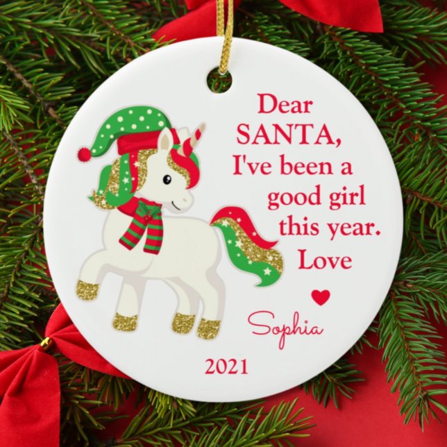 Unicorn Santa I've Been Good Girl Photo Christmas Ceramic Ornament (Creator Uploaded)