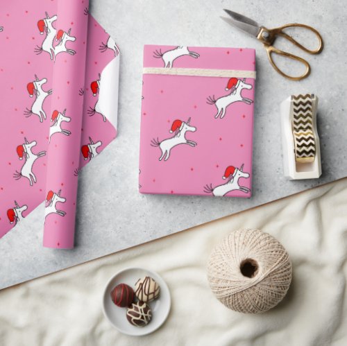Unicorn Santa Pink Background Wrapping Paper