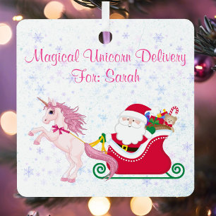 Unicorn Santa Sleigh Add Girl's Name Metal Ornament