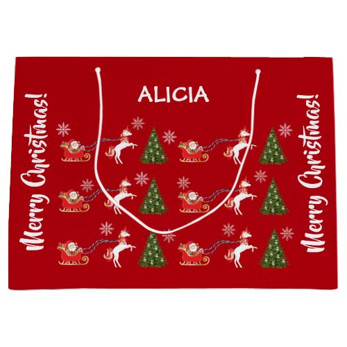 Unicorn Santa Snowflakes Xmas Tree Personalized Large Gift Bag