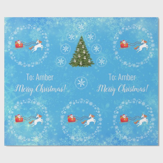 Unicorn Santa's Sleigh Personalize Name Merry Xmas Wrapping Paper (Flat)