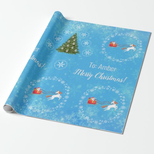 Unicorn Santas Sleigh Personalize Name Merry Xmas Wrapping Paper