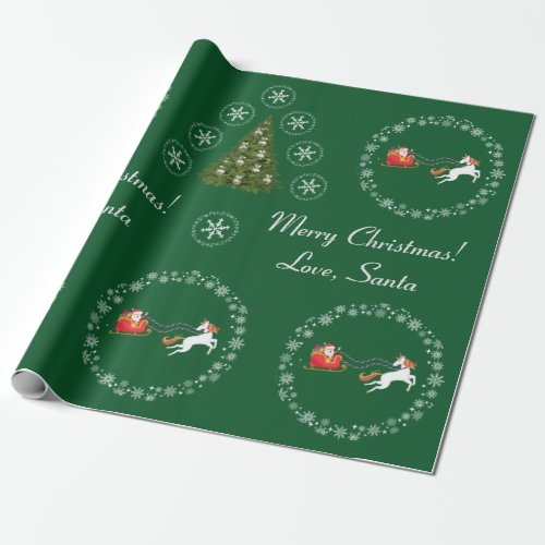 Unicorn Santas Sleigh Snow Merry Xmas Trees Green Wrapping Paper