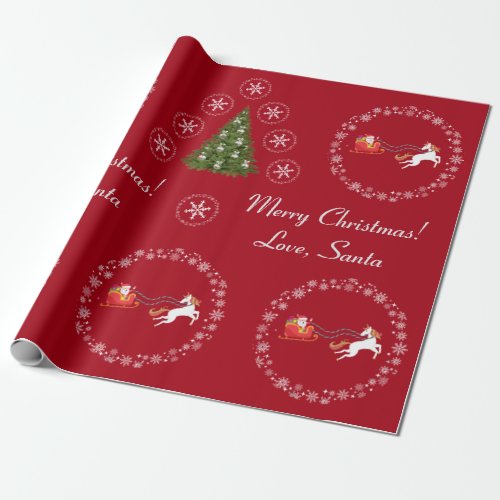 Unicorn Santas Sleigh Snow Merry Xmas Trees Red Wrapping Paper