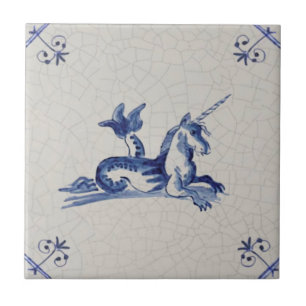 Unicorn Sea Creature Delft Blue 17th Century Repro Ceramic Tile
