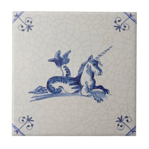 Unicorn Sea Creature Delft Blue 17th Century Repro Ceramic Tile