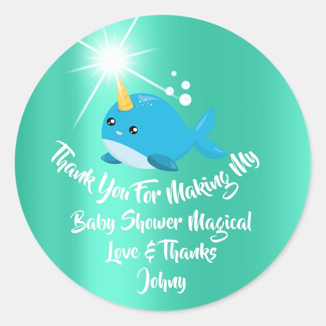 Unicorn Sea Whale Favor Thank Baby Shower Mint Blu Classic Round Sticker (Front)