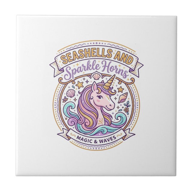 Unicorn Seashells and Sparkle Horns POD Ready Zazz Ceramic Tile (Front)