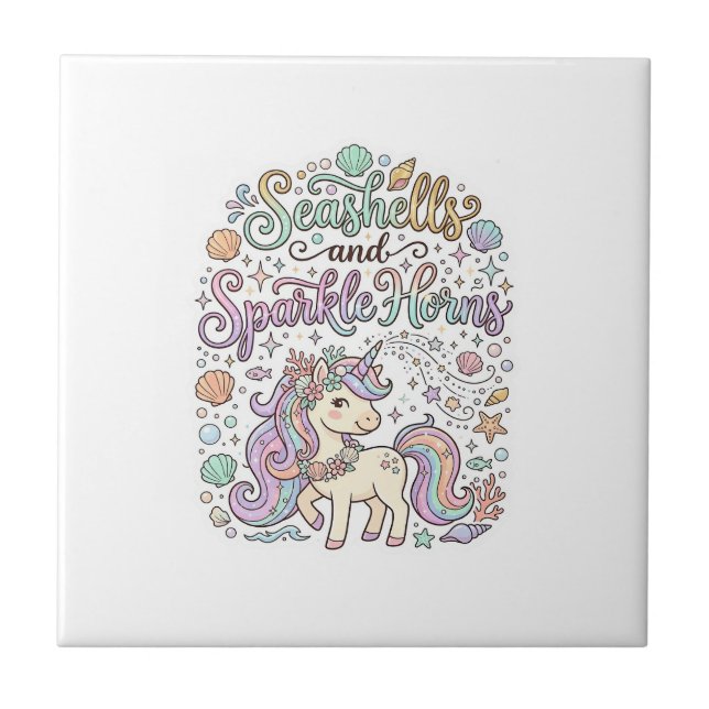 Unicorn Seashells and Sparkle Horns Premium Vector Ceramic Tile (Front)