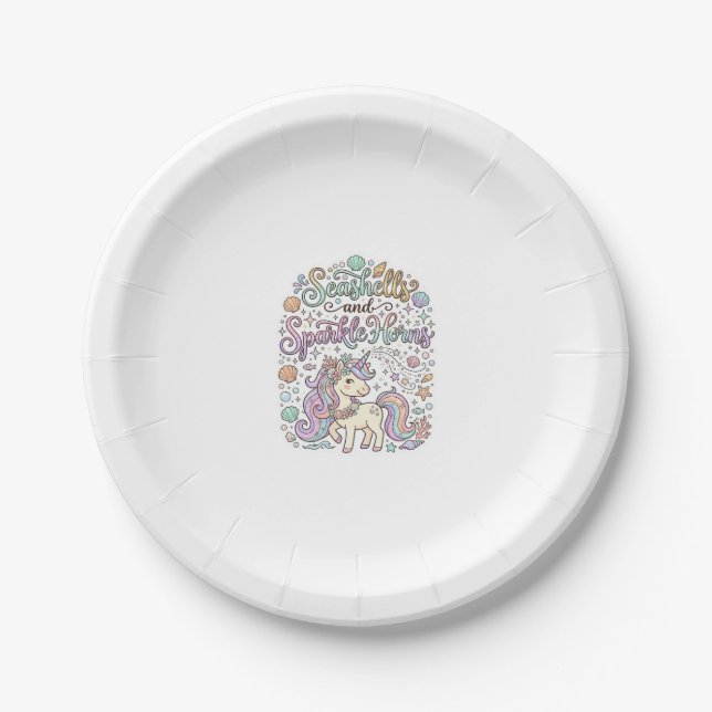 Unicorn Seashells and Sparkle Horns Premium Vector Paper Plates (Front)