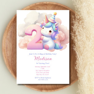 Unicorn Second 2nd Pink Blue Purple Girl Birthday Invitation