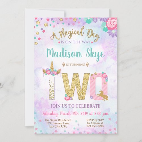 Unicorn Second Birthday Magical Day Invitation