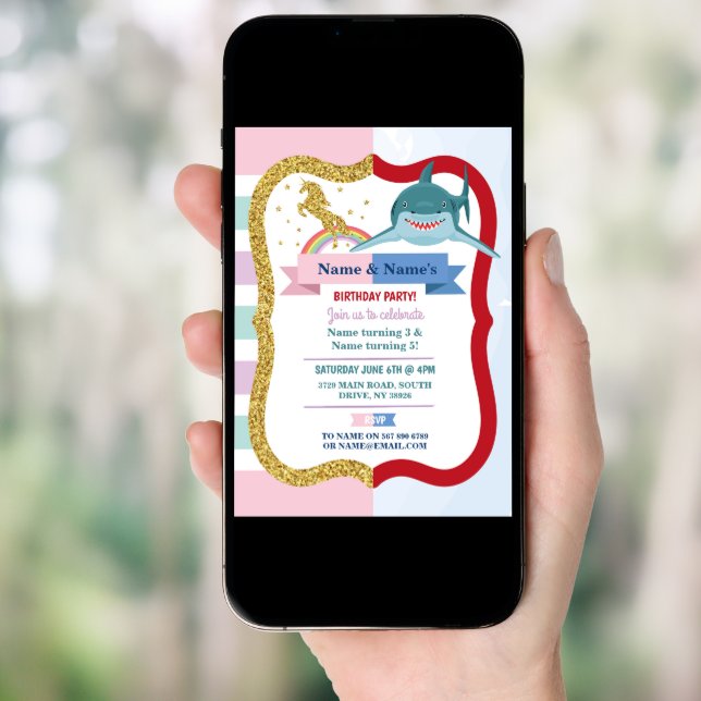 Unicorn & Shark Joint Boy Girl Birthday Invitation (Front Digital)
