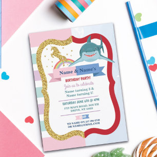 Unicorn & Shark Joint Boy Girl Birthday Invitation