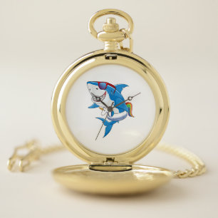 Unicorn Shark Pool Party Shirt Kids Girls Boys Fun Pocket Watch