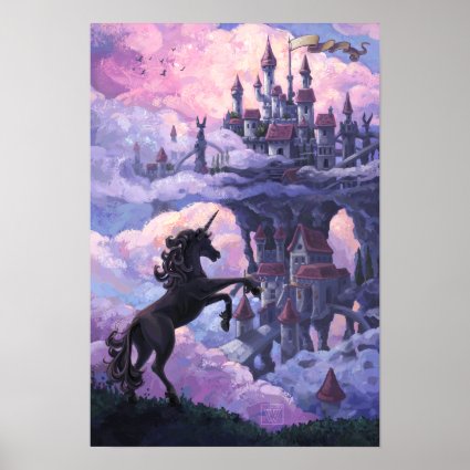 Unicorn Silhouette and Castle in Pink Clouds Poster