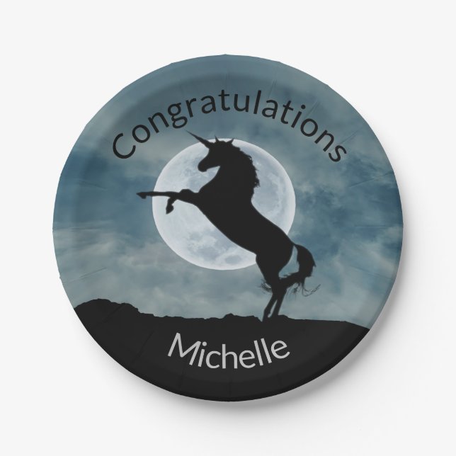 Unicorn Silhouette Full Moon Congratulations Paper Plates (Front)