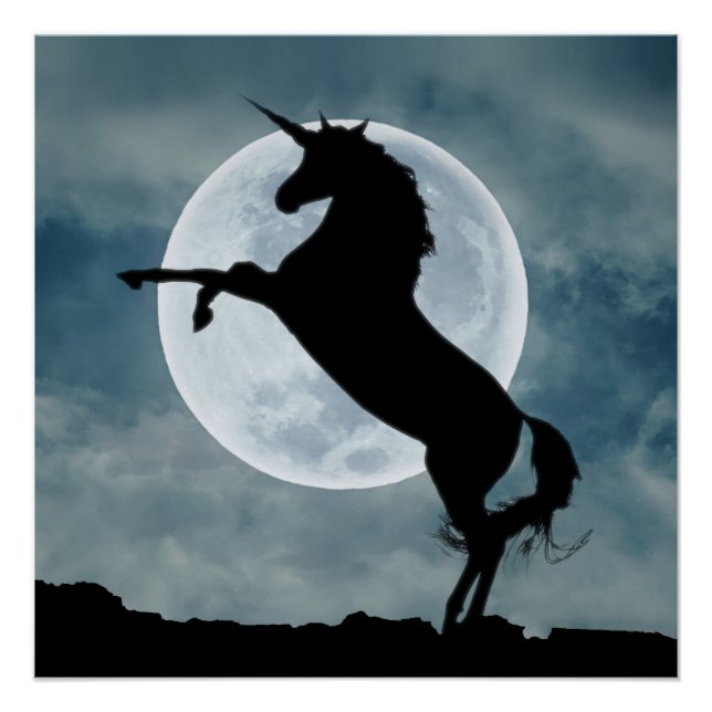 Unicorn Silhouette Full Moon Night Sky Glossy Poster (Front)