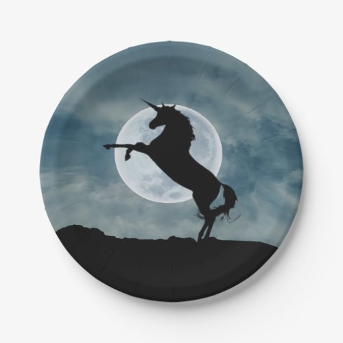 Unicorn Silhouette Full Moon Night Sky Trendy Paper Plates