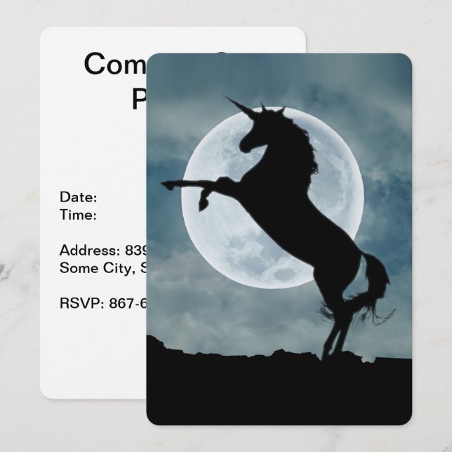 Unicorn Silhouette Full Moon Night Sky, ZKOA Invitation (Front/Back)
