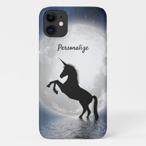 Unicorn Silhouette Full Moon on Ocean Personalize iPhone 11 Case