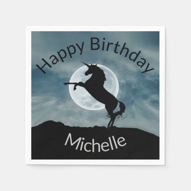 Unicorn Silhouette Moon Happy Birthday Add Name Napkins (Front)