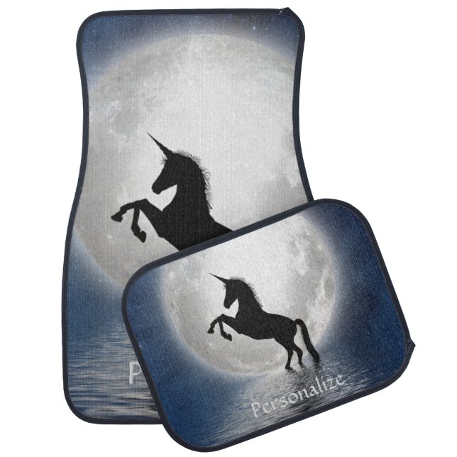 Unicorn Silhouette on Ocean Full Moon Personalize Car Floor Mat (Set)