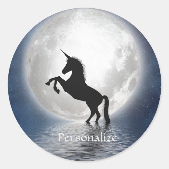 Unicorn Silhouette on Ocean Full Moon Personalize Classic Round Sticker (Front)