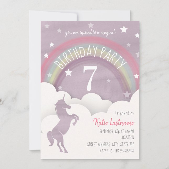 Unicorn Silhouette Rainbow Clouds + Stars Birthday Invitation (Front)