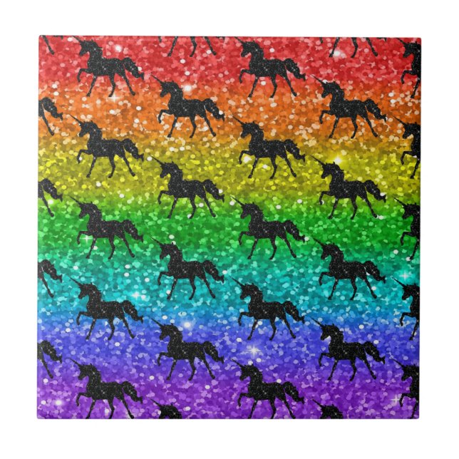 Unicorn Silhoutte Rainbow  Glitter LGBTQ Pride Ceramic Tile (Front)