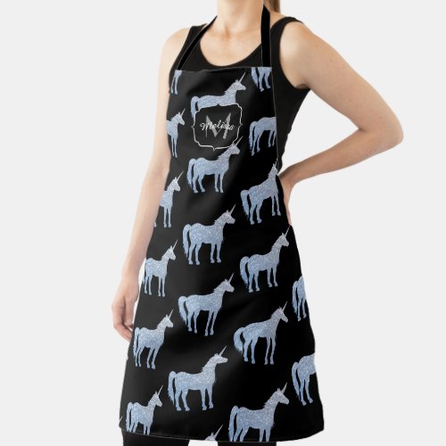 Unicorn silver blue Sparkles pattern Monogram Apron