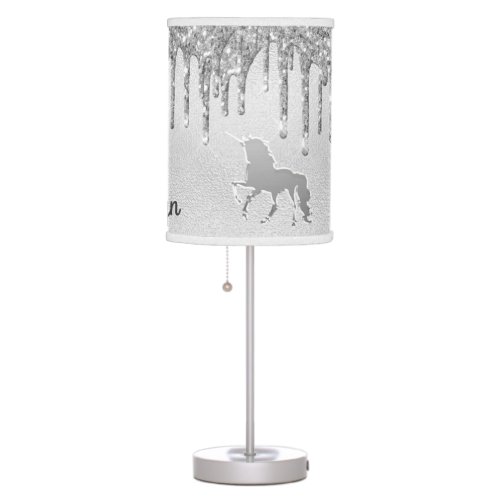 Unicorn silver glitter drips name girl table lamp