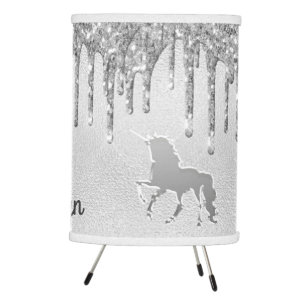 Unicorn silver glitter drips name girl tripod lamp